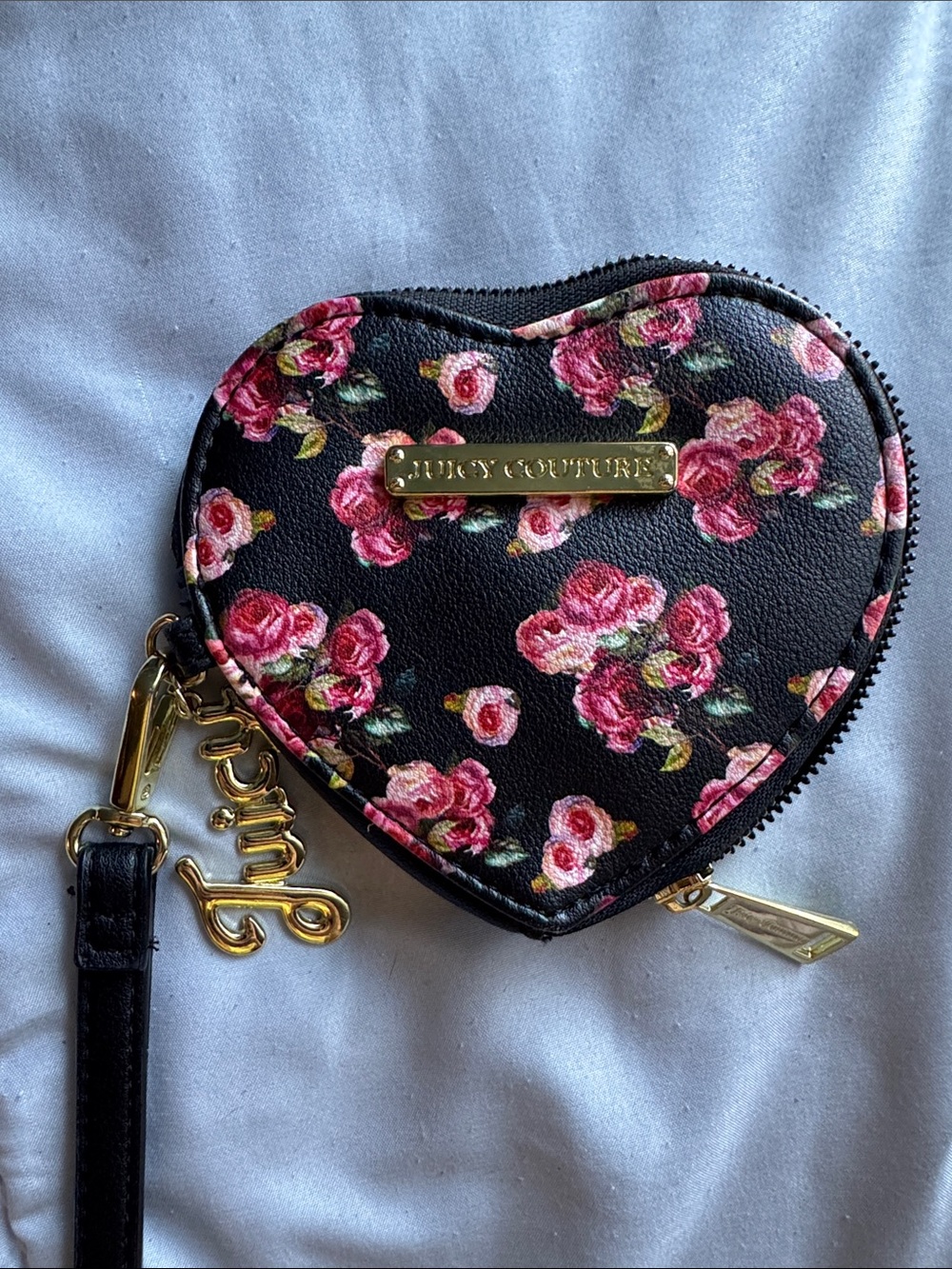 Juicy Couture Black Floral Heart Coin Wristlet